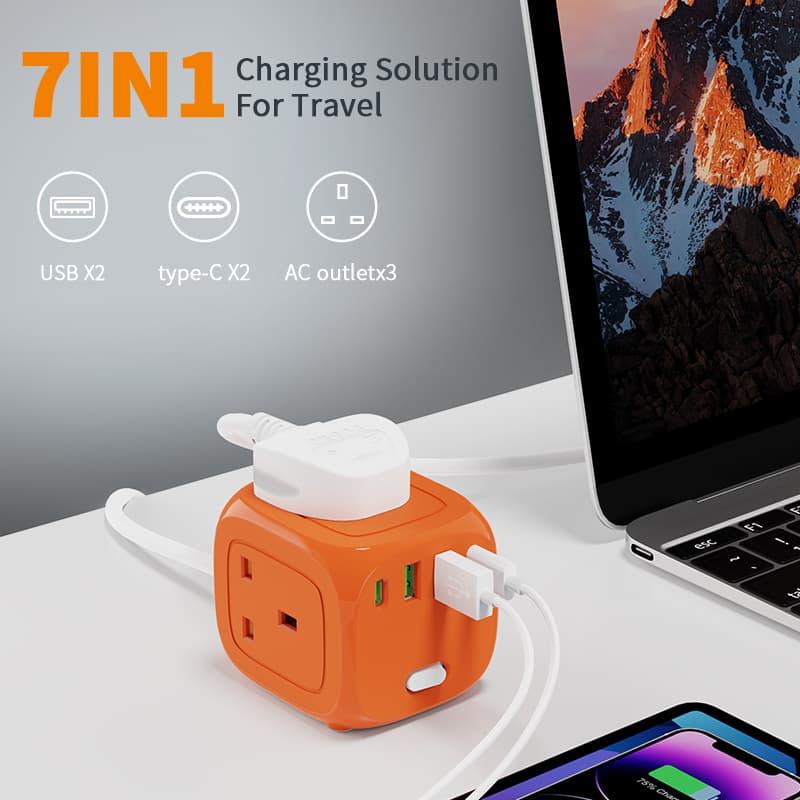 3 - Way Socket with USB - C | 7 - in - 1 Compact Charging Hub - Zyler