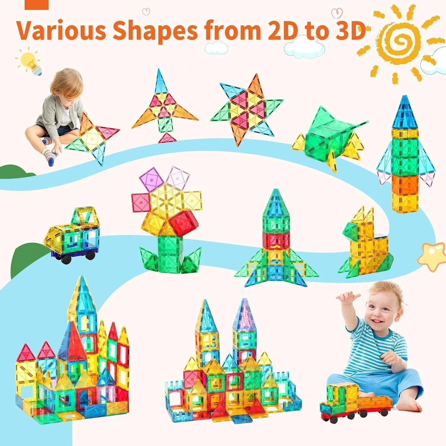 Zyler Magnetic Tiles, 110PCS Magnetic Building Blocks for Kids, Magnet 3D Montessori Kids Toy Set, Building Construction Educational STEM Toys for 3+ Year Old Boys and Girls Birthday Gifts - Zyler Middle East